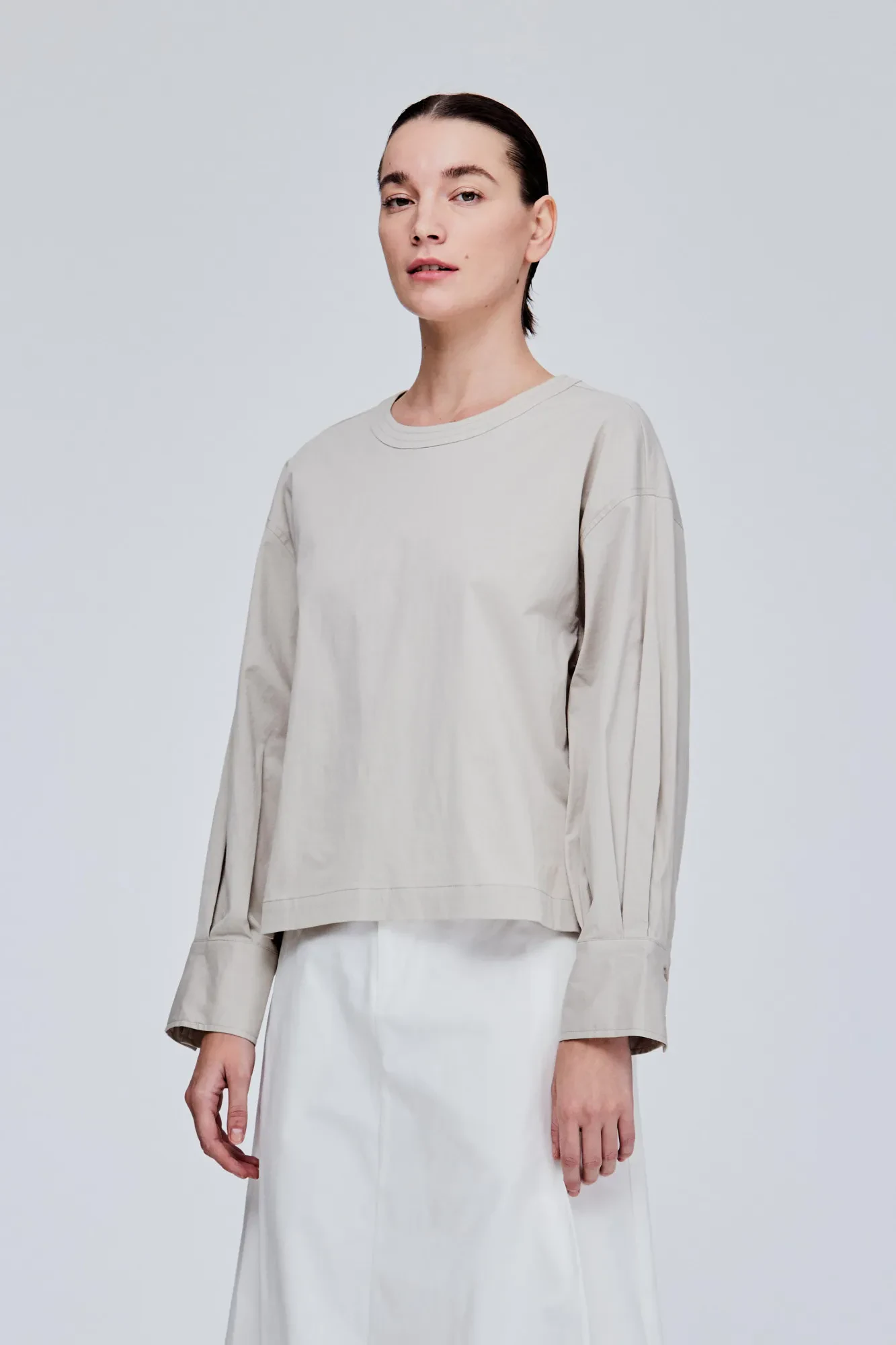 COTTON CUFFED BLOUSE - TAUPE