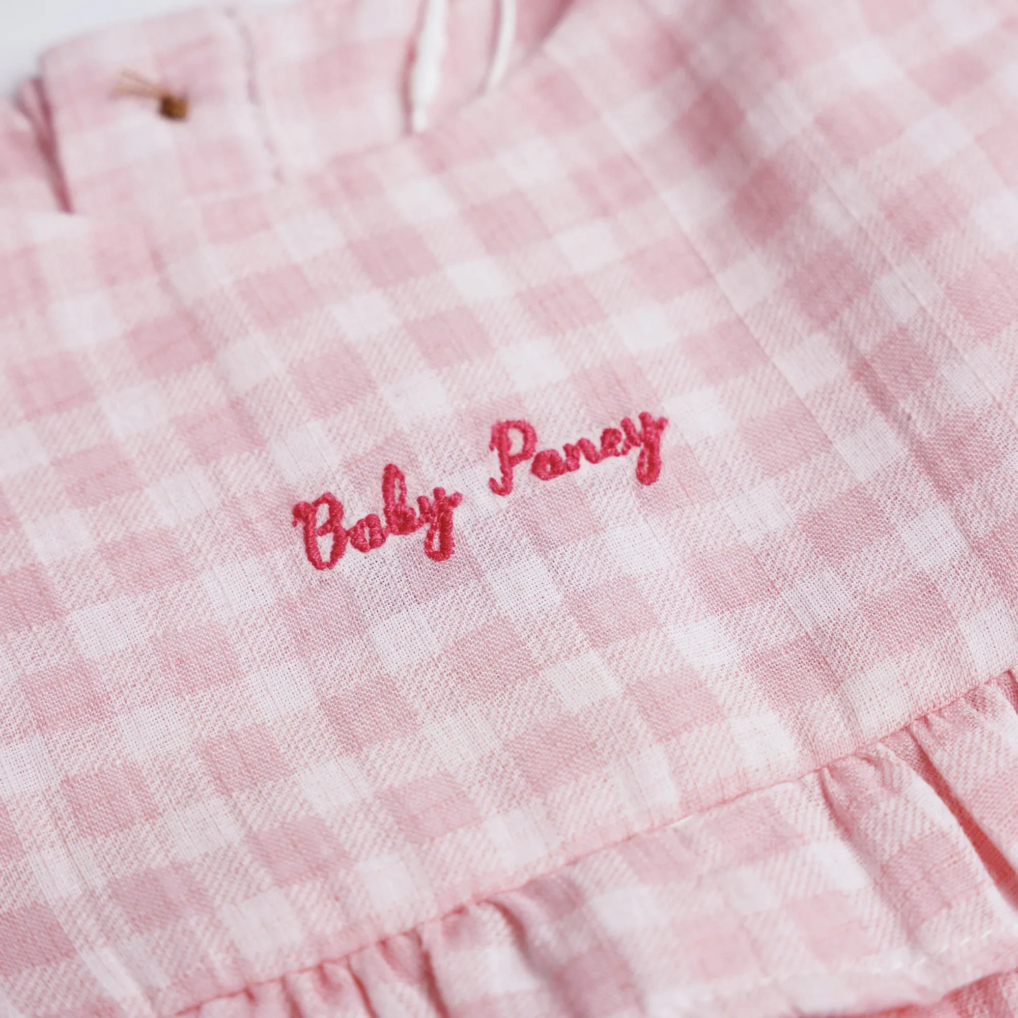 BABY GIRLS POWDER PINK GINGHAM LONG SLEEVE BLOUSE & SHORTS SET