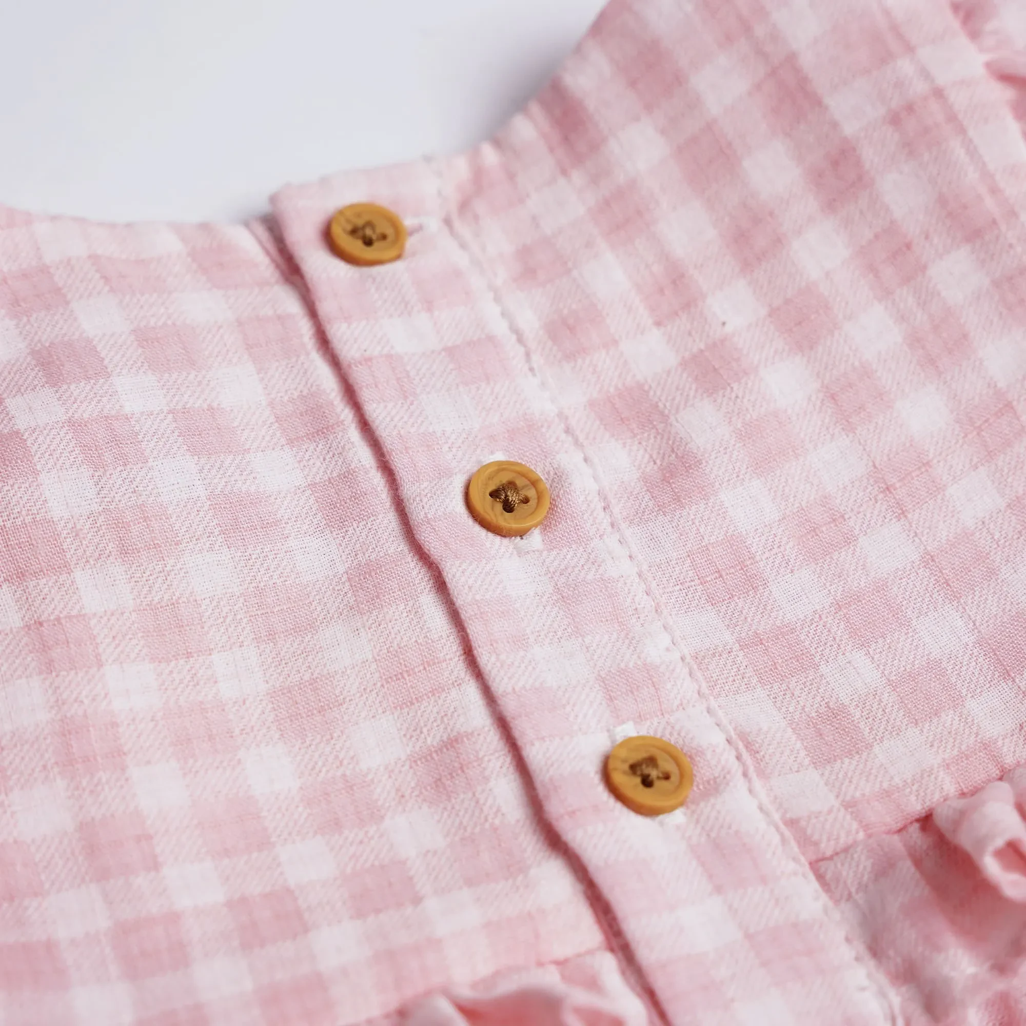 BABY GIRLS POWDER PINK GINGHAM LONG SLEEVE BLOUSE & SHORTS SET