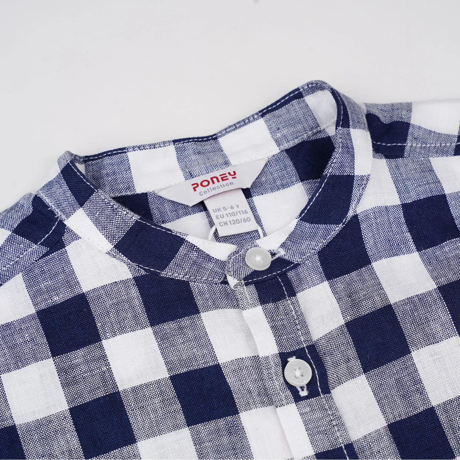 BOYS NAVY MAO COLLAR GREY CHECK SHORT SLEEVE SHIRT