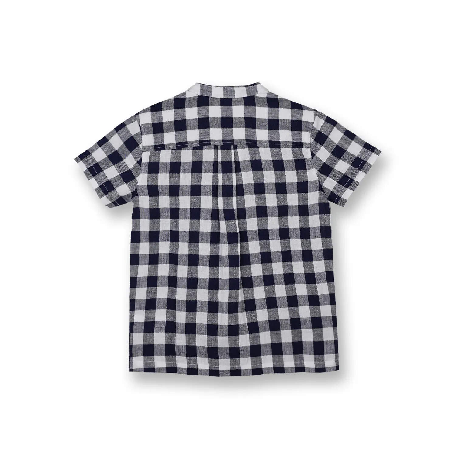BOYS NAVY MAO COLLAR GREY CHECK SHORT SLEEVE SHIRT