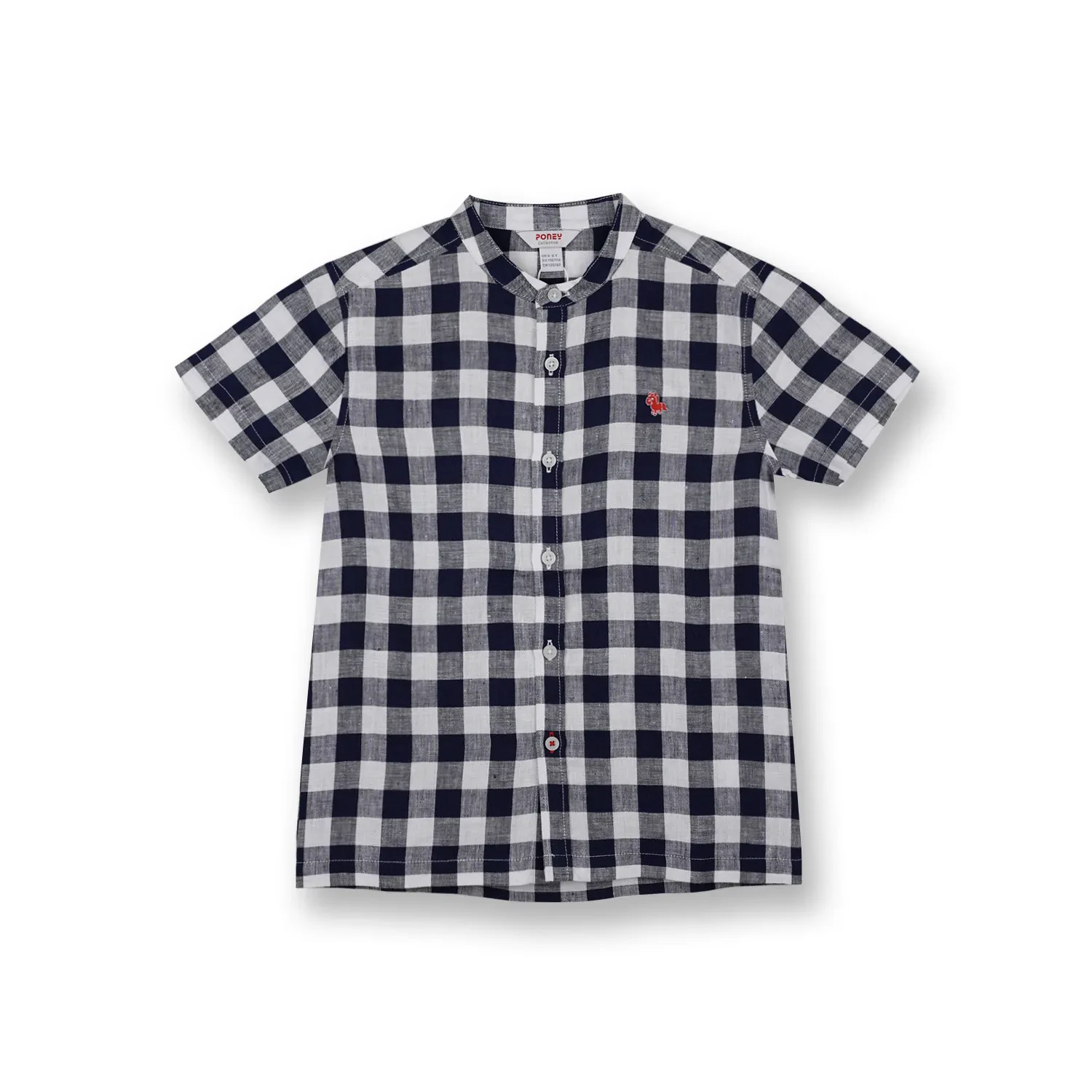 BOYS NAVY MAO COLLAR GREY CHECK SHORT SLEEVE SHIRT