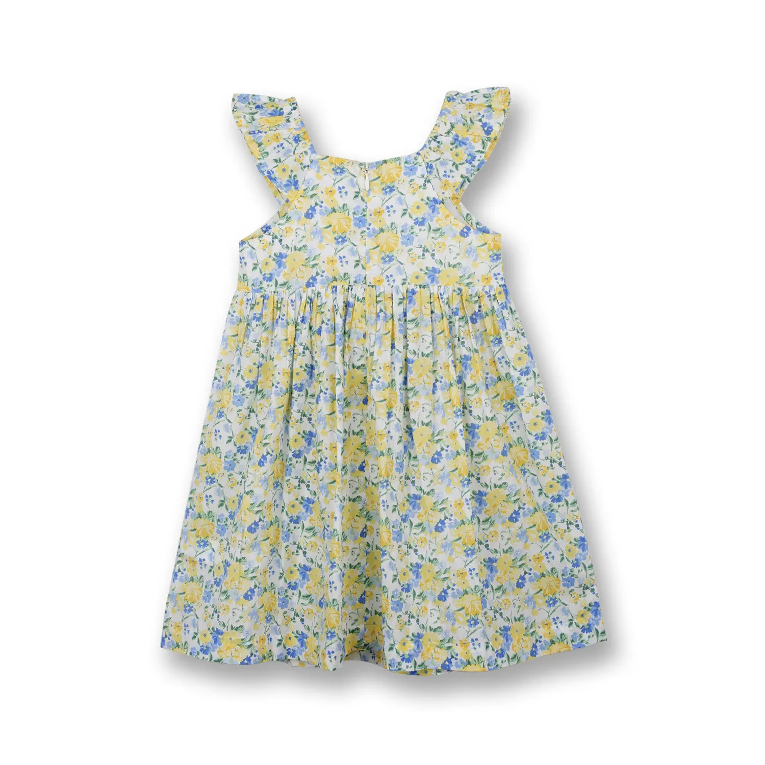 GIRLS YELLOW SUNSHINE BLUE FLORAL PRINTED SLEEVELESS DRESS