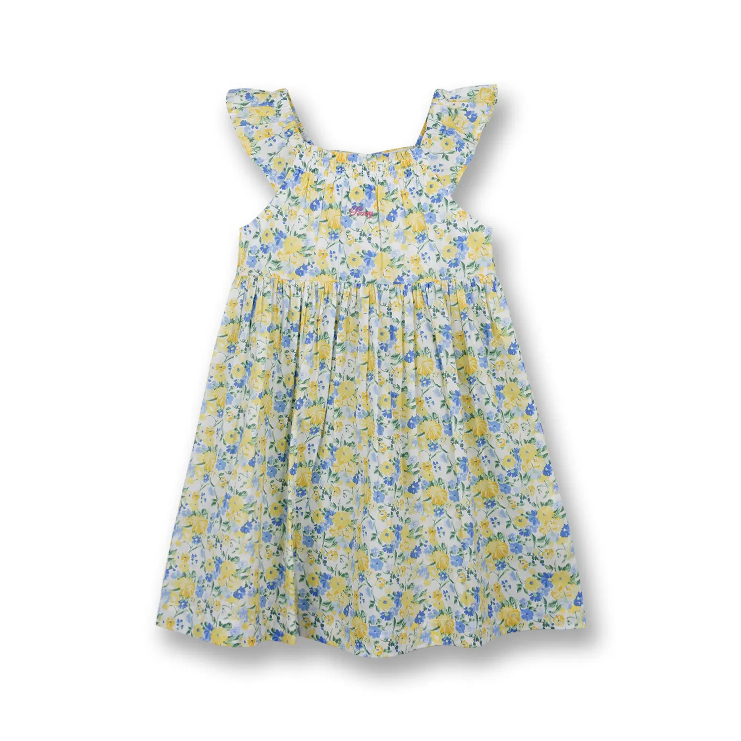 GIRLS YELLOW SUNSHINE BLUE FLORAL PRINTED SLEEVELESS DRESS
