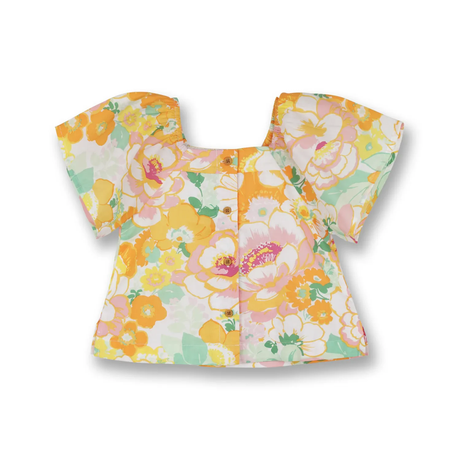 GIRLS LIGHT ORANGE FLOWER PASTELS PRINTED SHORT SLEEVE BLOUSE