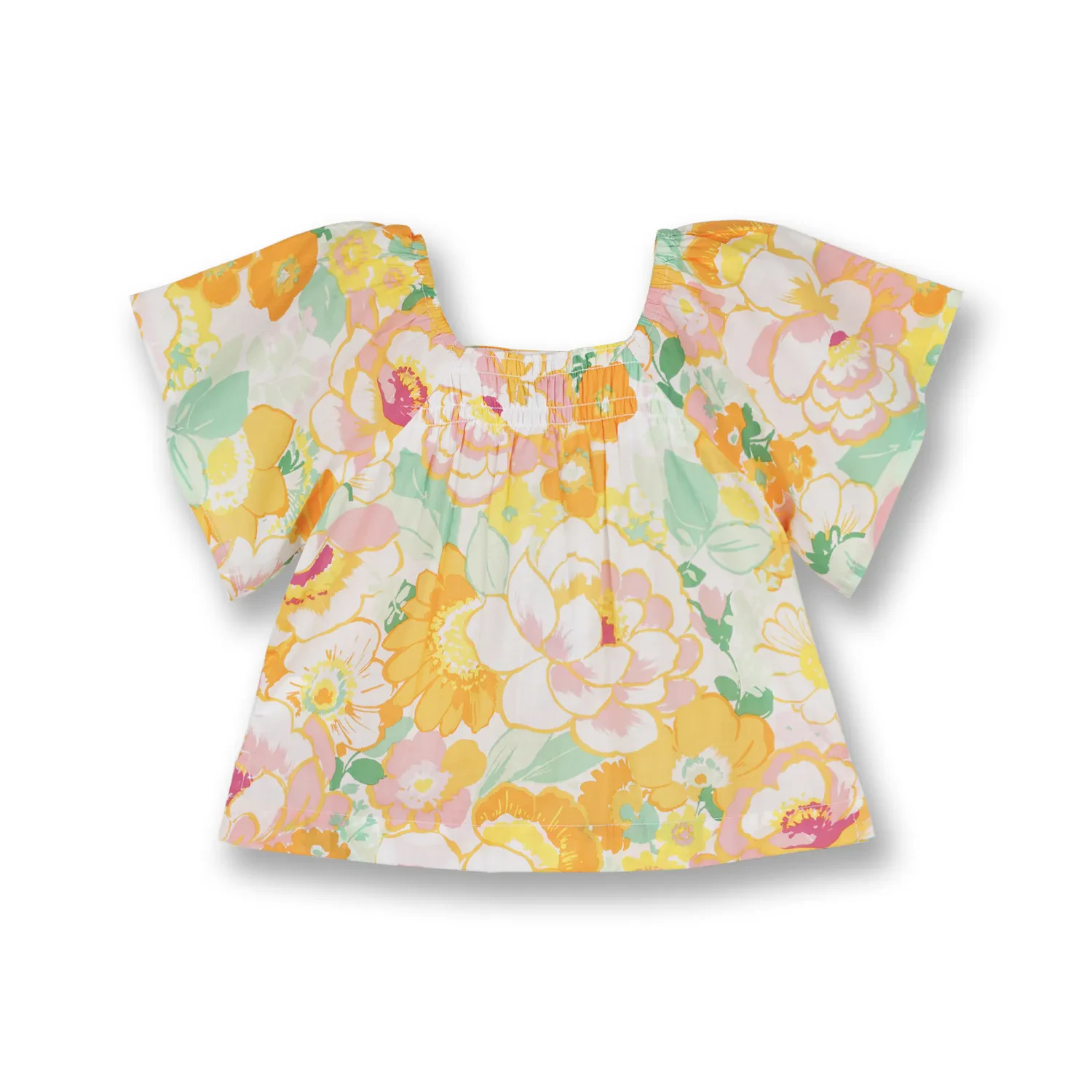 GIRLS LIGHT ORANGE FLOWER PASTELS PRINTED SHORT SLEEVE BLOUSE