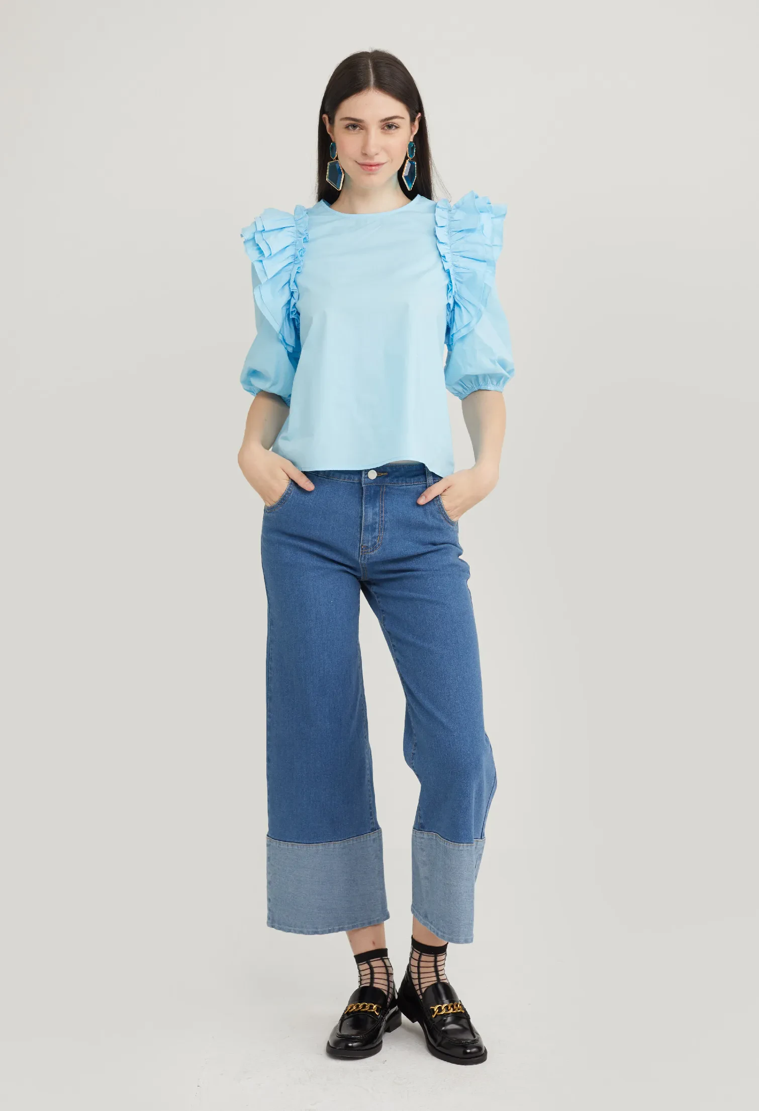 RUFFLE ACCENT 3/4 SLEEVE BLOUSE [BLUE]