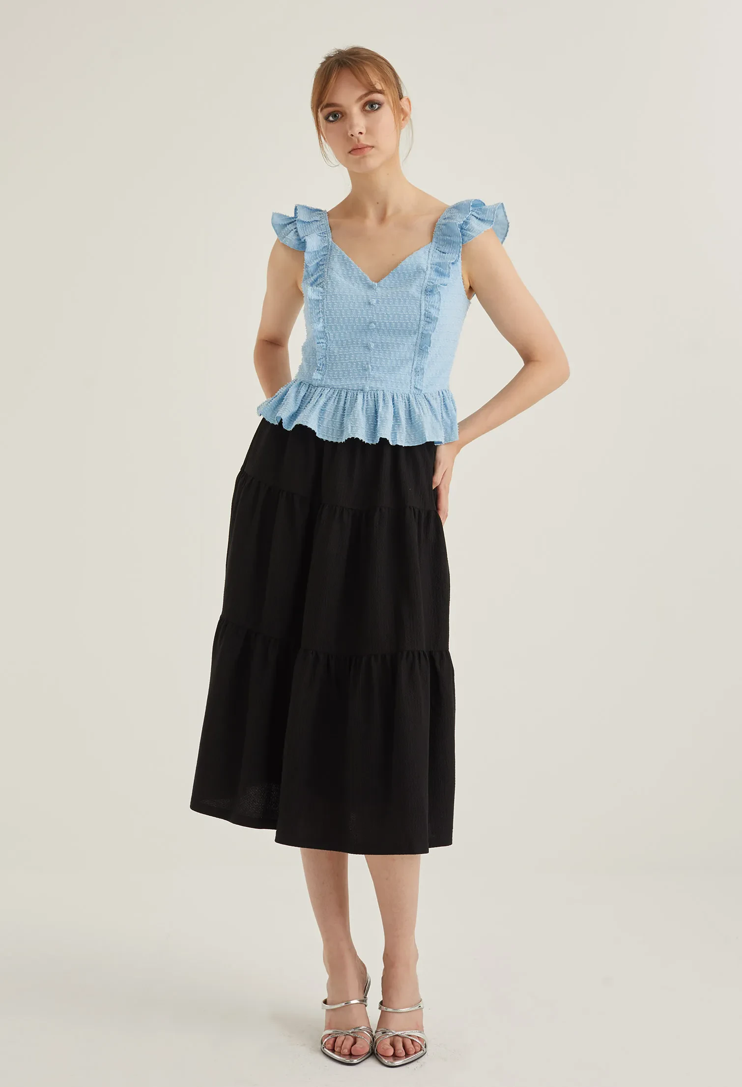 CAP SLEEVE VINTAGE PEPLUM TOP [L/BLUE]