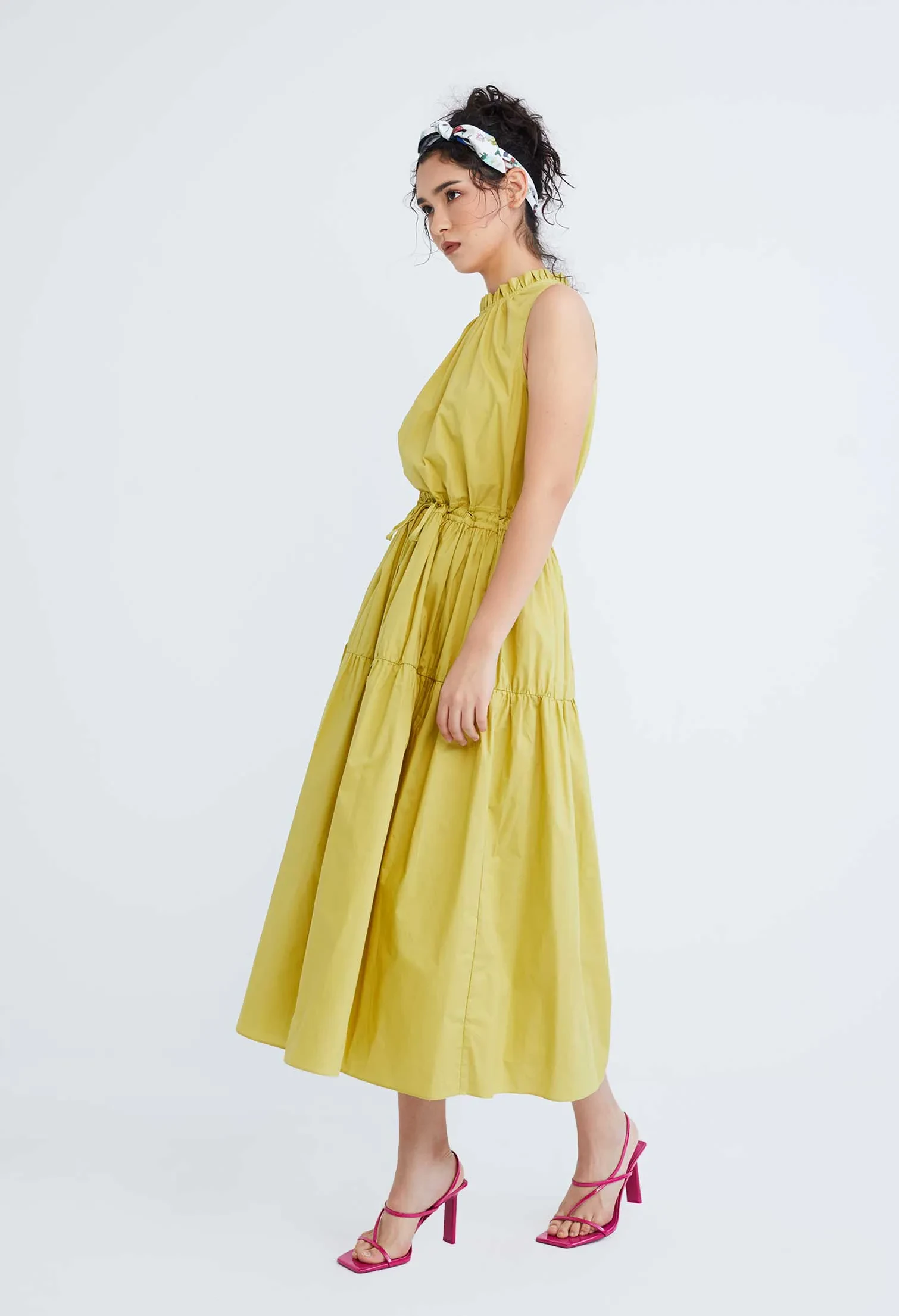 HALTER TIERED TIE-FRONT DRESS [OLIVE GREEN]