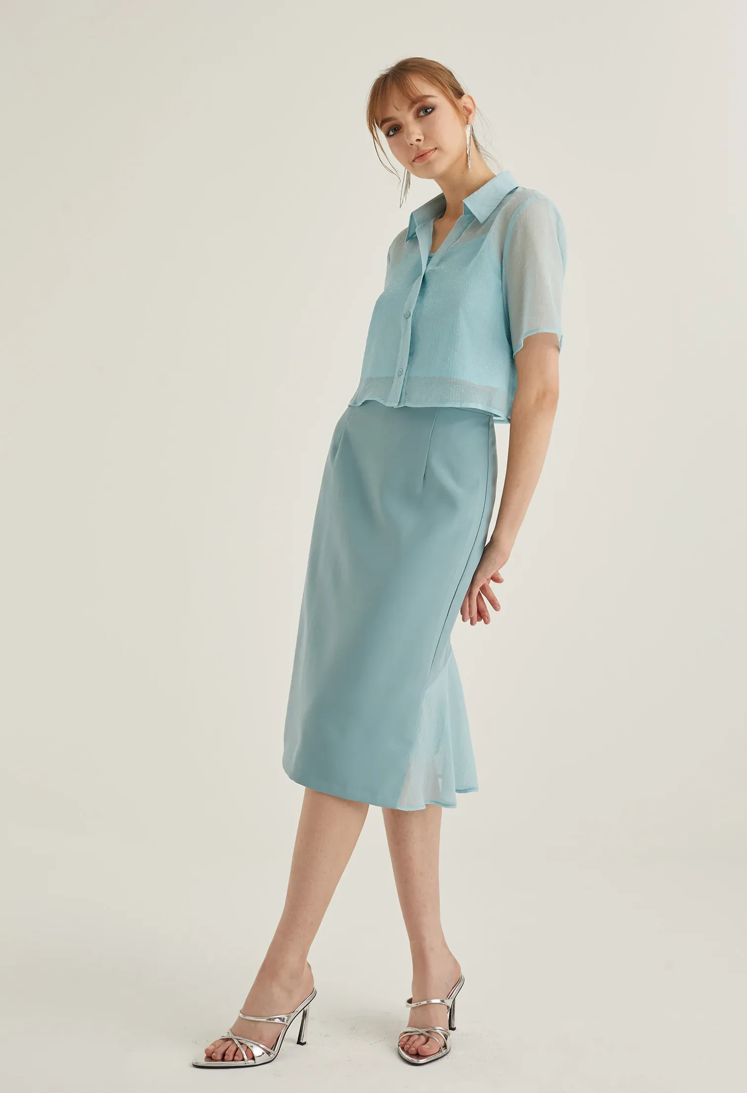 OFFICE HIGH WAIST MIDI PENCIL SKIRT [SEAFOAM]