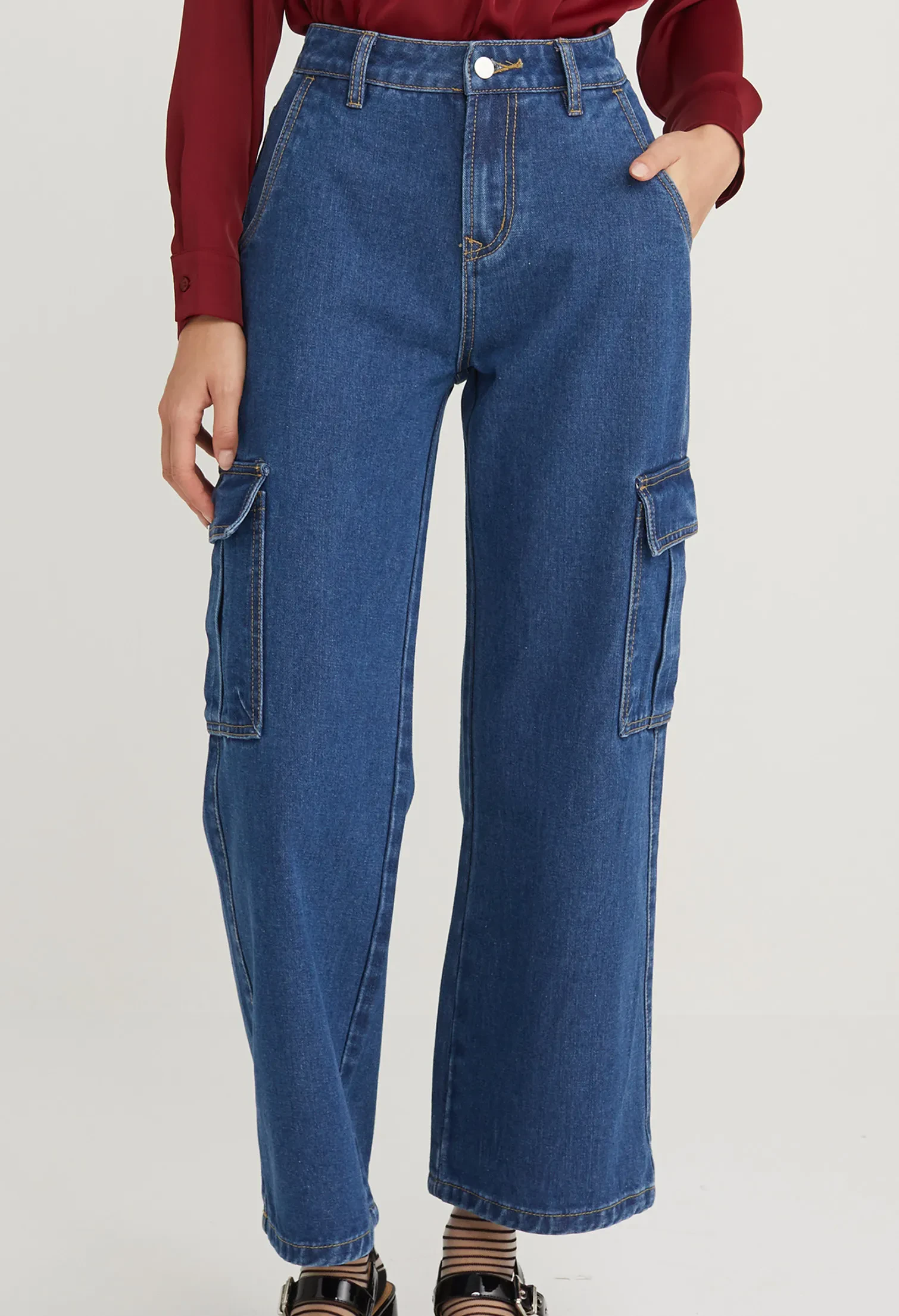 UTILITY STRAIGHT CUT DENIM JEANS [D/BLUE]