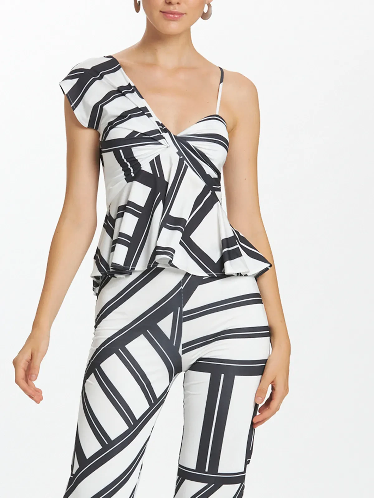 Geometric Mono Print Asymmetric Shoulder Peplum Top