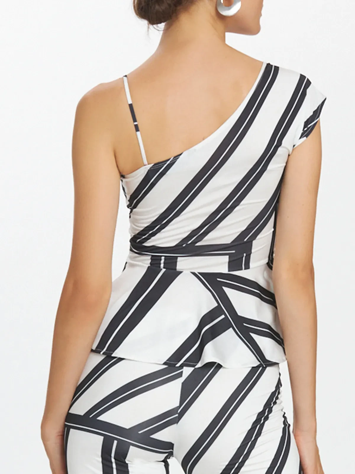 Geometric Mono Print Asymmetric Shoulder Peplum Top