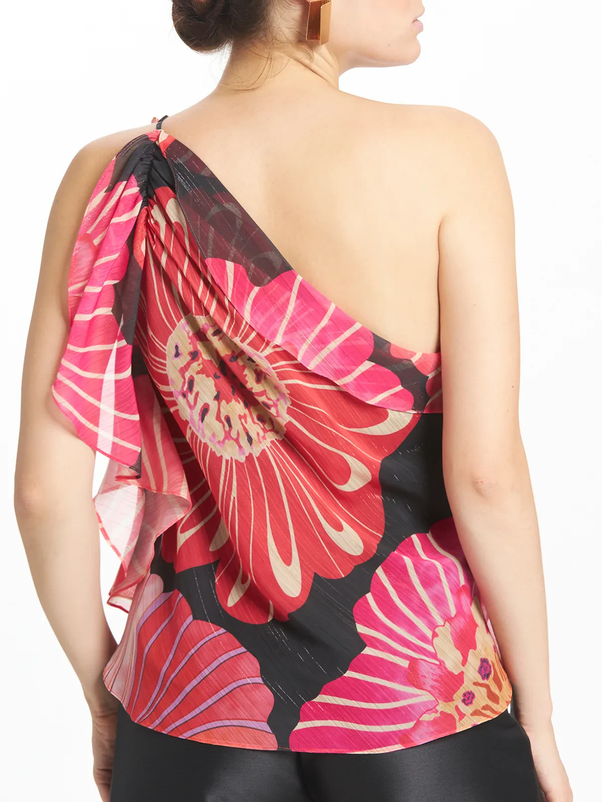 Geometric Floral Print One Shoulder flounce Top