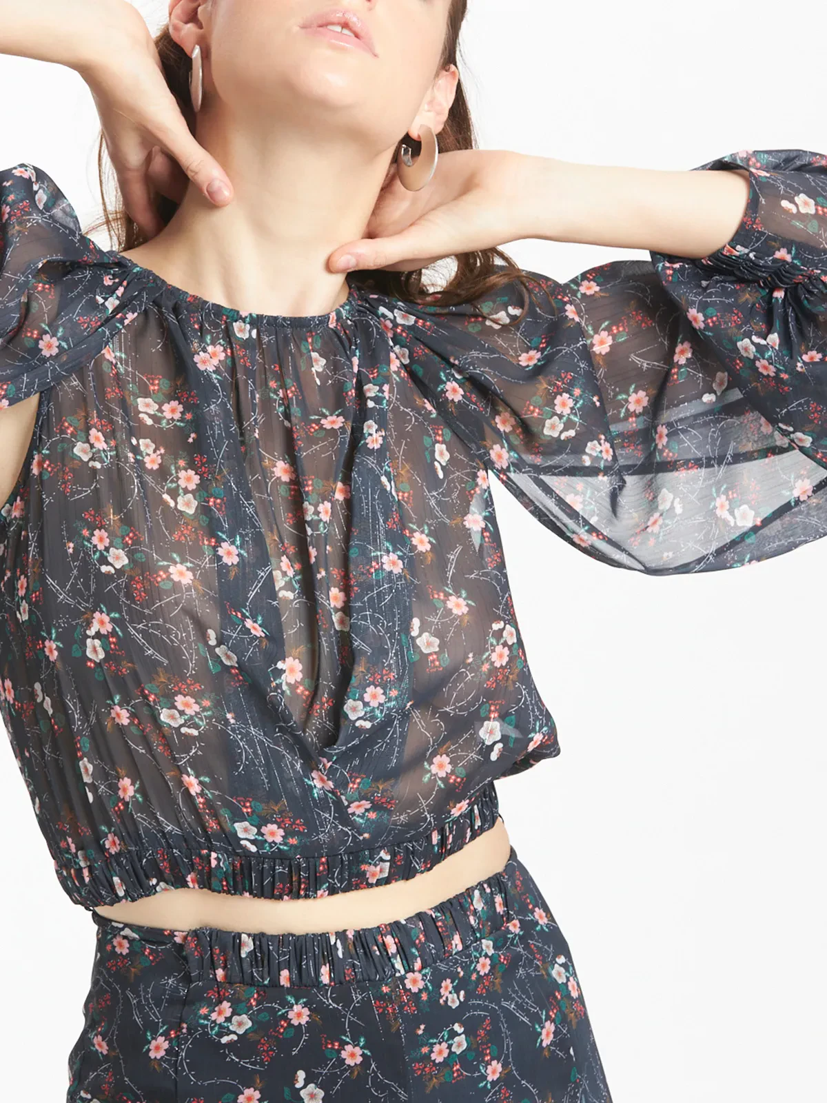 Floral Print Gather Cropped Top With Elasticated Waist