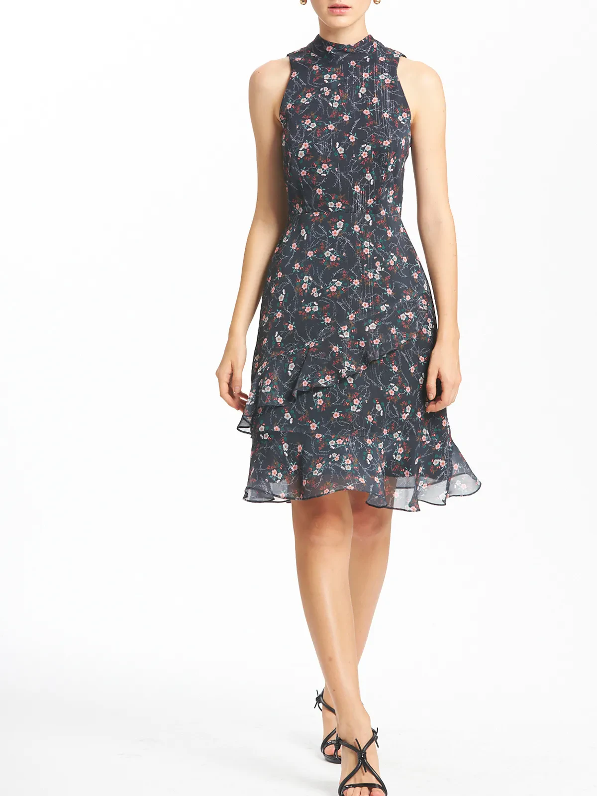 Floral Print Cut In Shoulder High Collar Flounce Dress