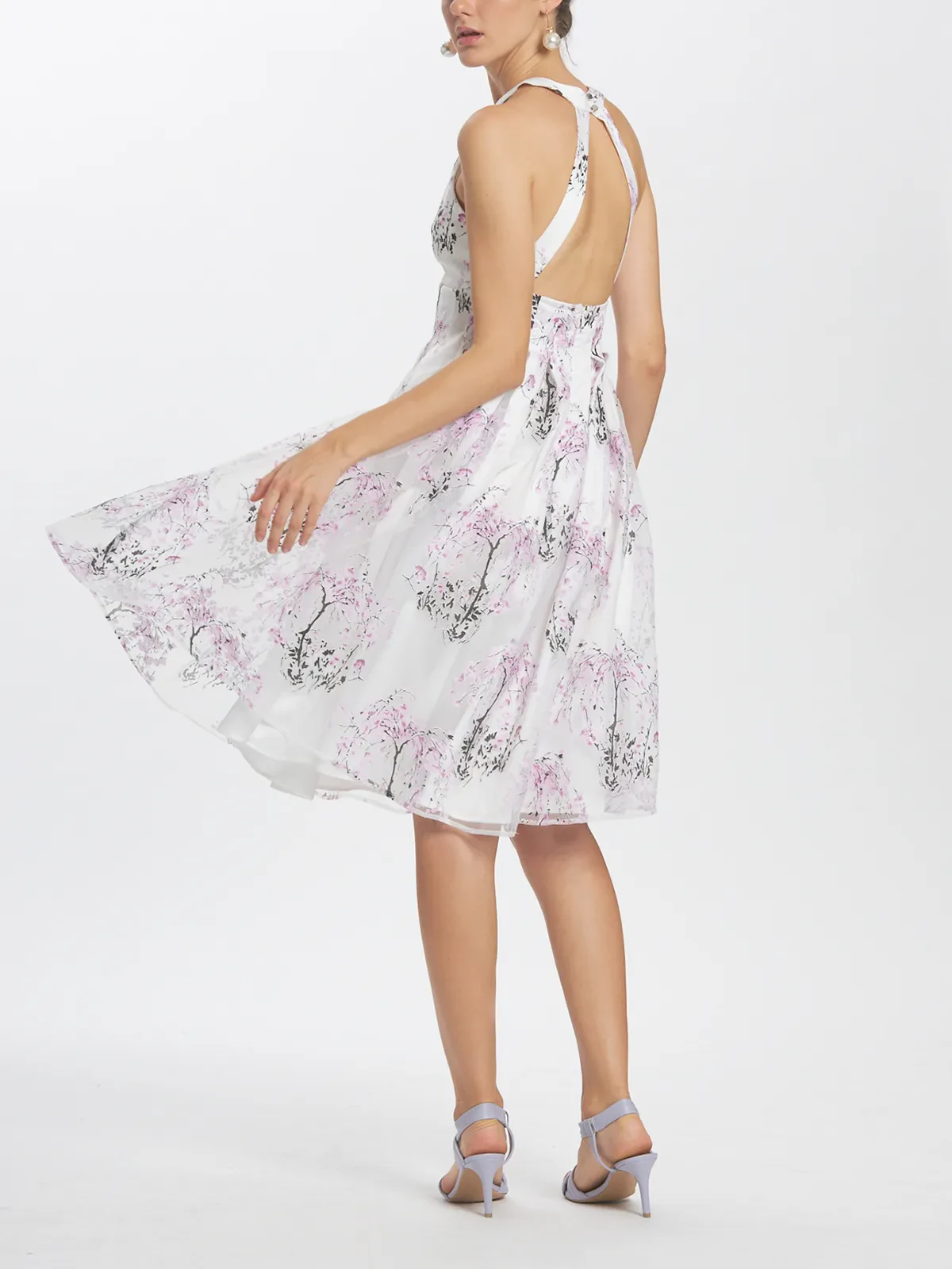Floral Devore Sheer Organza Pleated Knee Length Dress