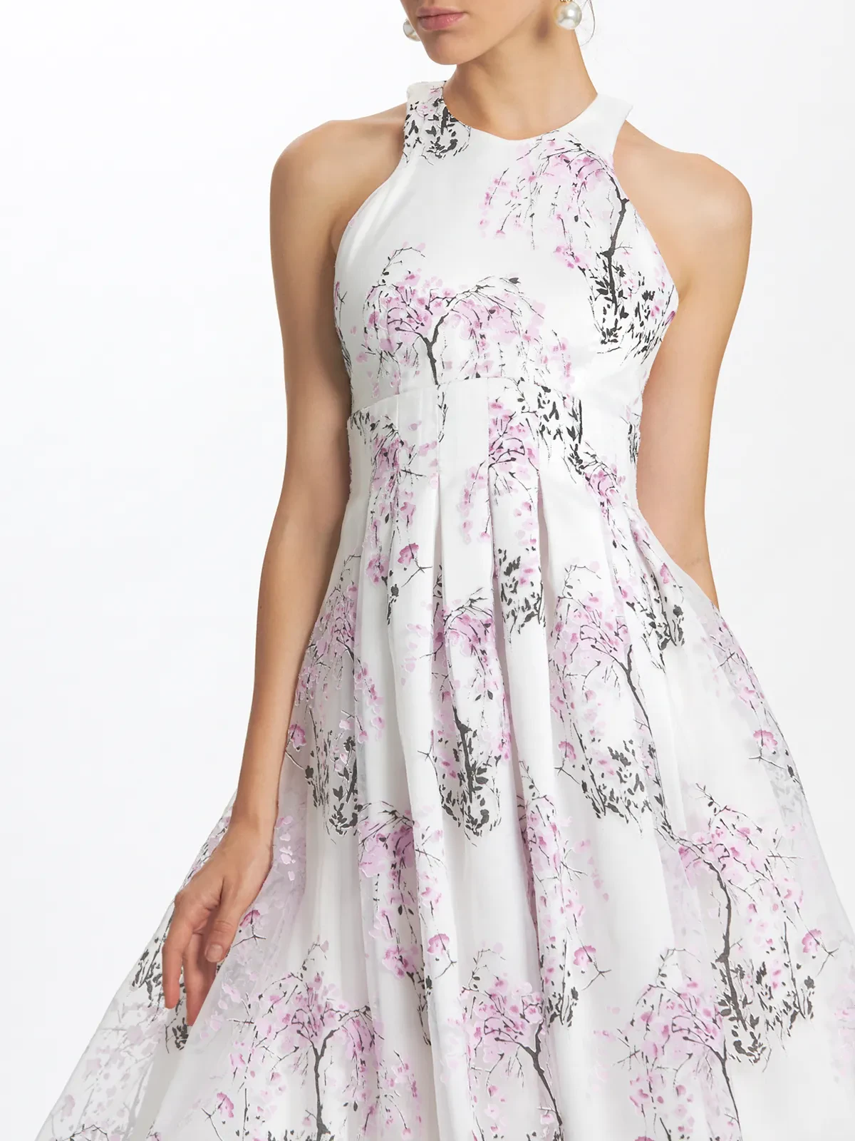 Floral Devore Sheer Organza Pleated Knee Length Dress