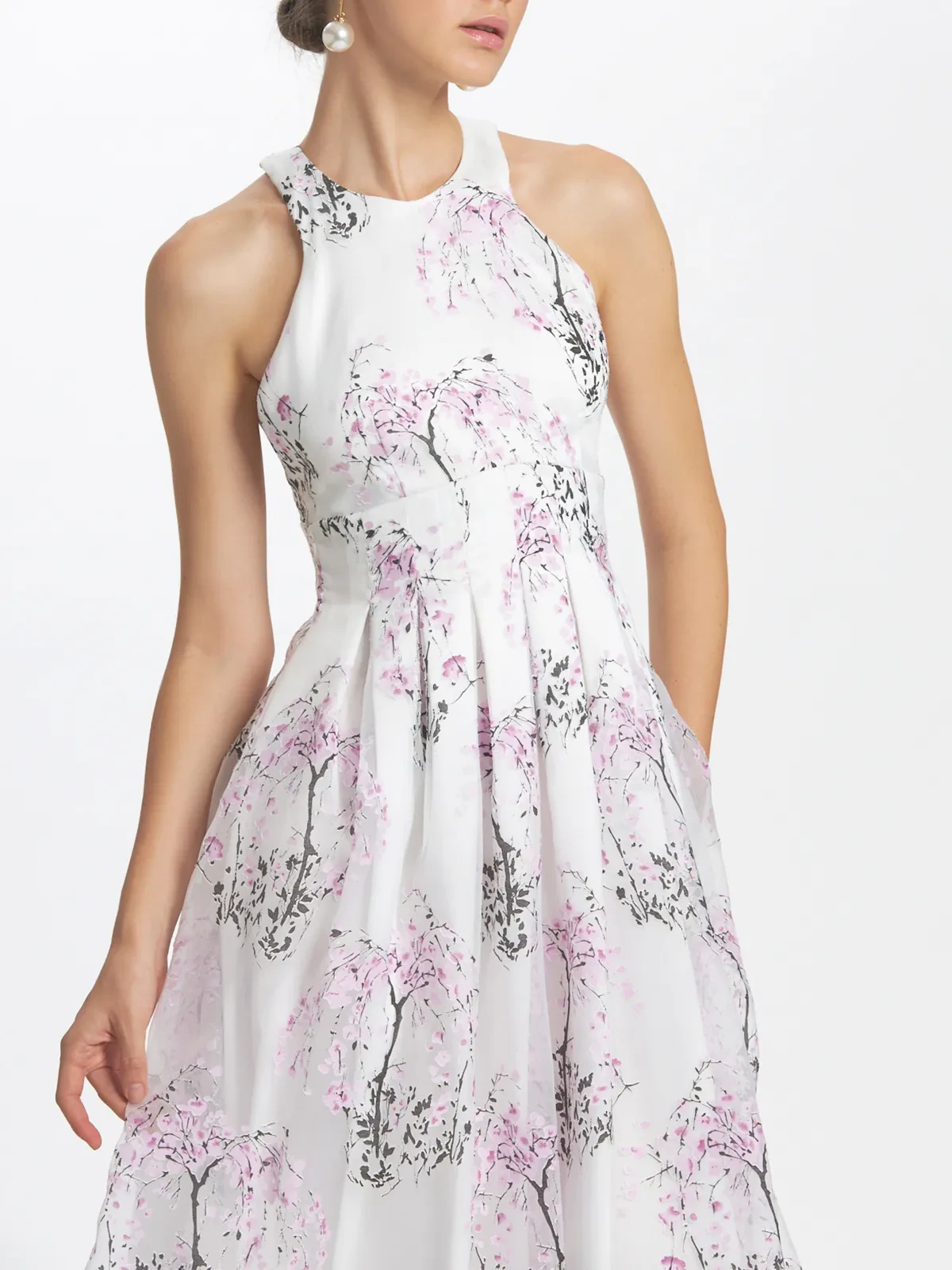 Floral Devore Sheer Organza Pleated Knee Length Dress