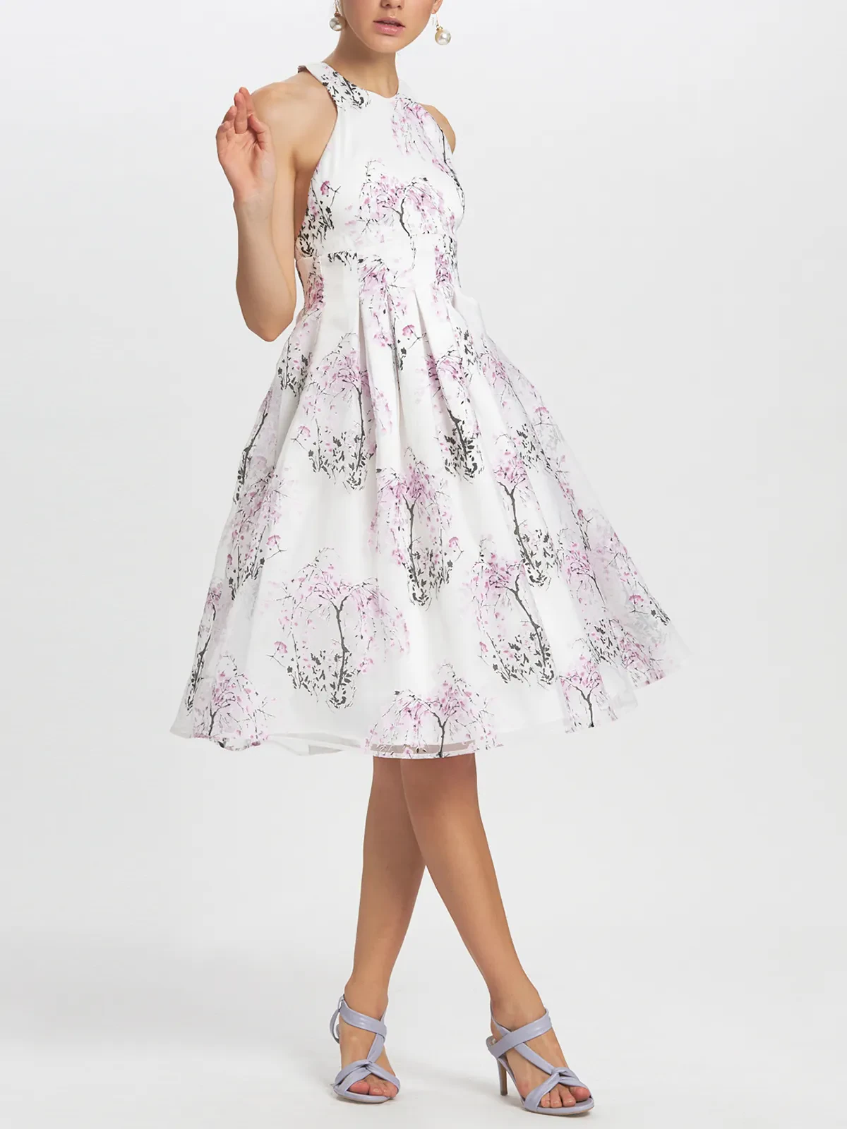 Floral Devore Sheer Organza Pleated Knee Length Dress