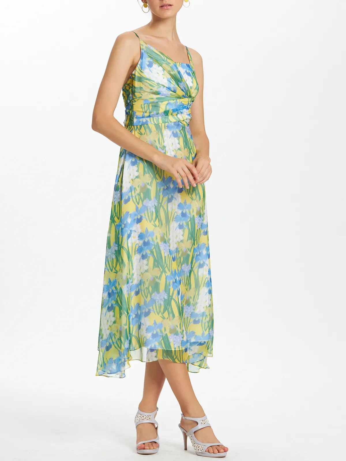 Floral Print Camisole Ruched Bodice Long Dress