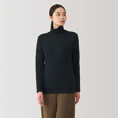 W'S WARM,THICK COTTON MOCK NECK L/S T-SHIRT - BLACK