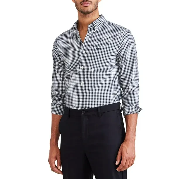 MEN'S CLASSIC FIT STAIN DEFENDER BUTTON DOWN SHIRT WITH LONG SLEEVES - STADIUM NAVY BLAZER PLAID