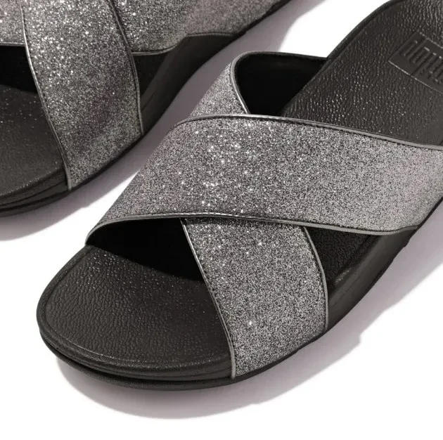 LULU GLITTERDUST CROSS   SLIDES - PEWTER