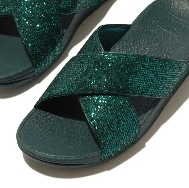 LULU GLITTERBALL CROSS SLIDES - METALLIC DEEP TEAL