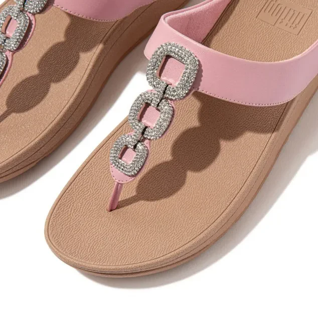 FINO CRYSTAL-CHAIN LEATHER TOE-POST SANDALS - SOFT BLUSH