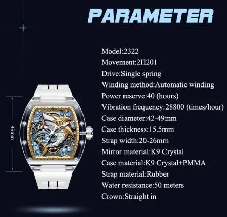 HAOFA 2322 3D CRAZY SHARK TRANSPARENT CRYSTAL SUPER LUMINOUS AUTOMATIC WINDING 40H WATCH