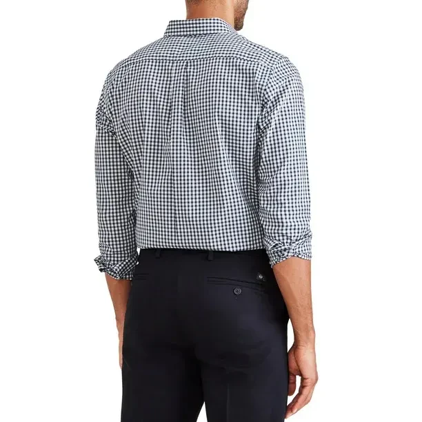 MEN'S CLASSIC FIT STAIN DEFENDER BUTTON DOWN SHIRT WITH LONG SLEEVES - STADIUM NAVY BLAZER PLAID